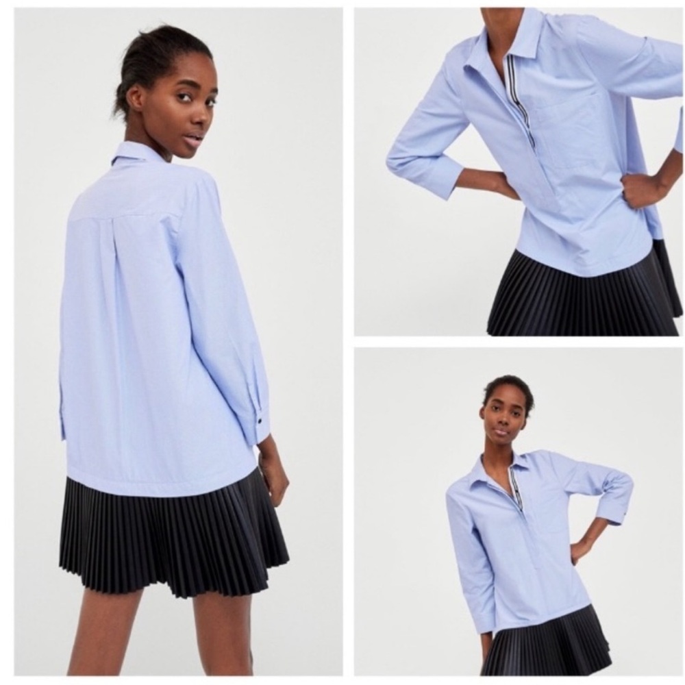 Zara Contrasting Shirt Dress Stripes and Black Faux Leather Skirt Blue Black - Picture 4 of 9